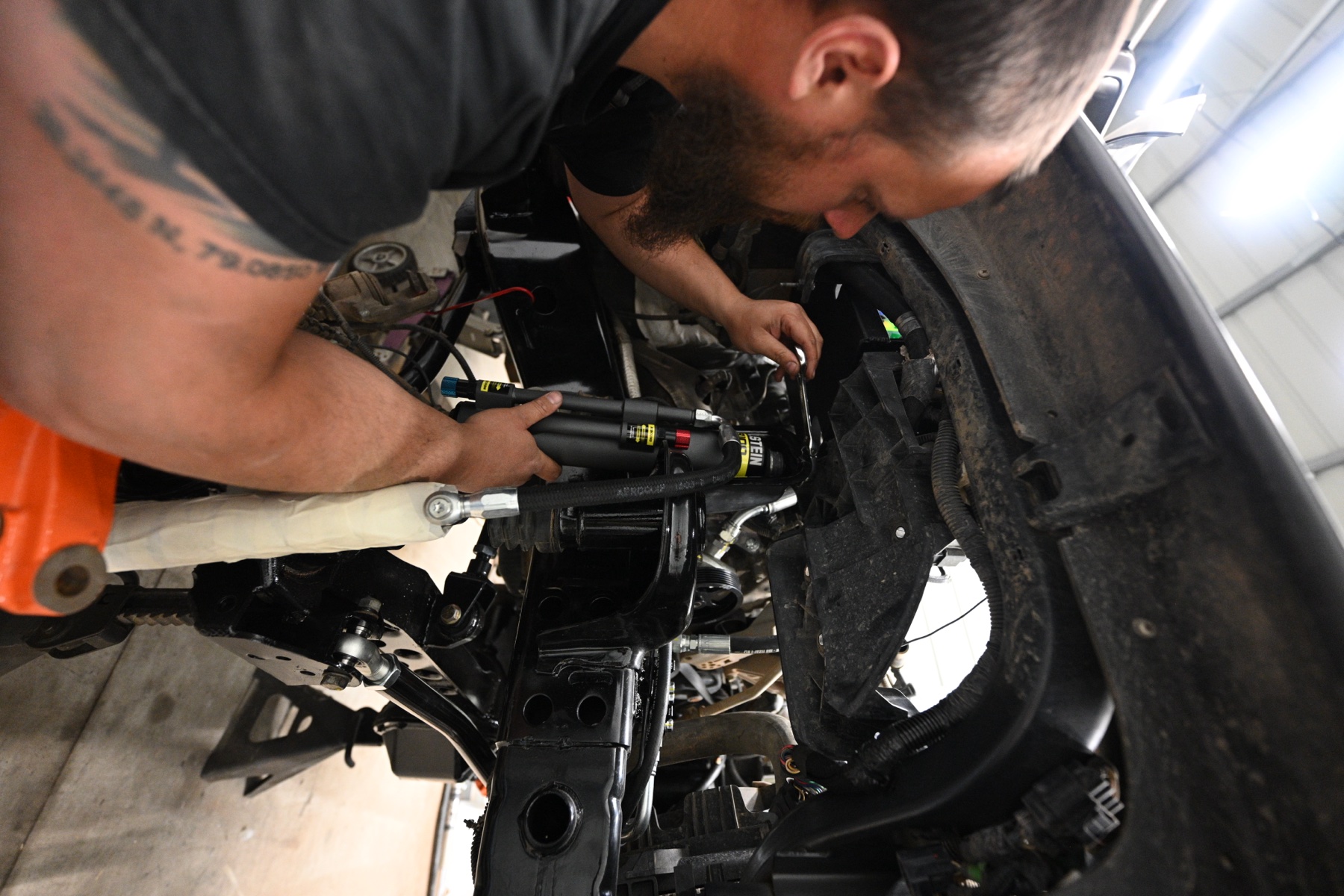 Overhead angle of Rob fitting Bilstein shocks into the suspension