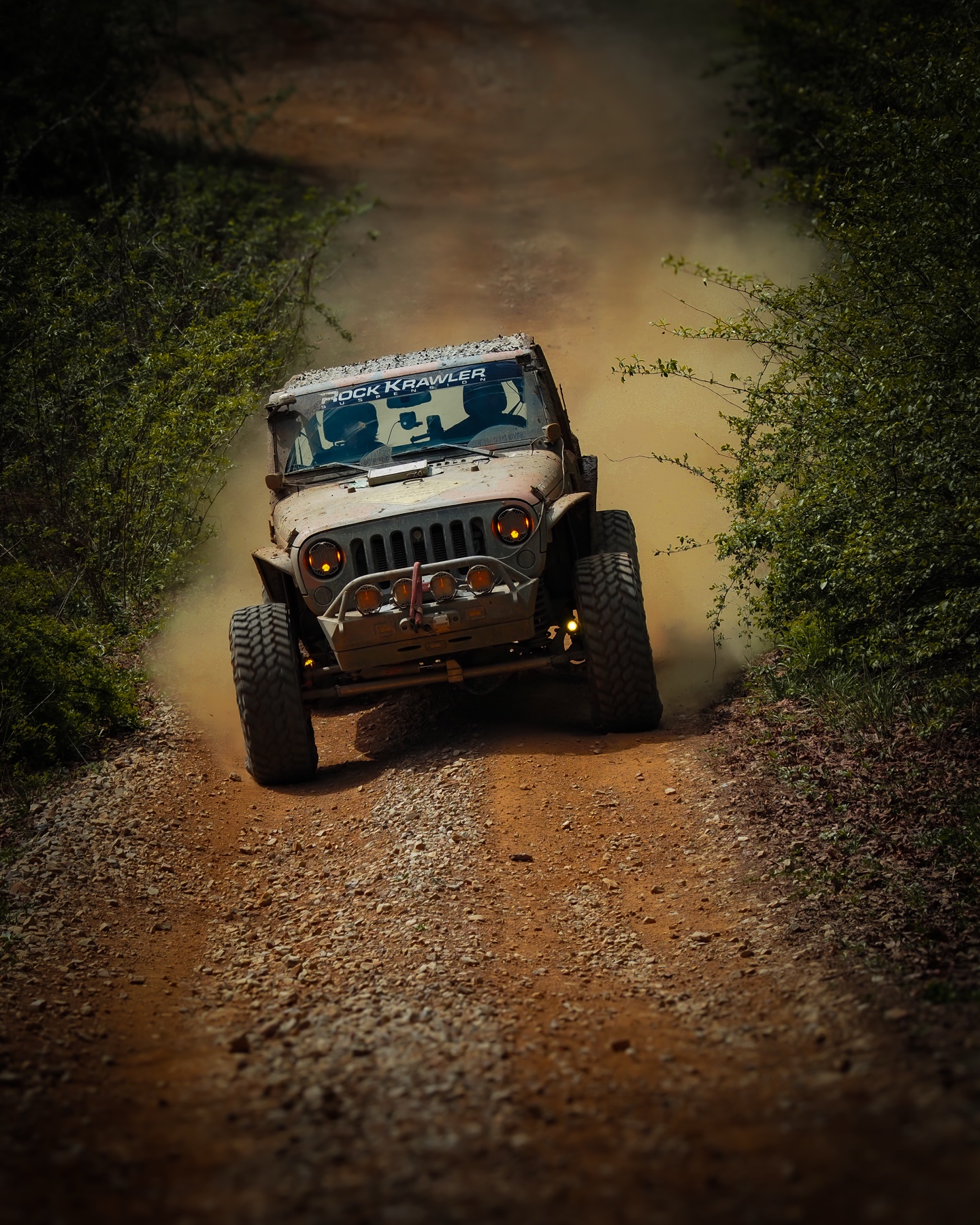 ABO race Jeep charging through a forested dirt road at Terra Trophy