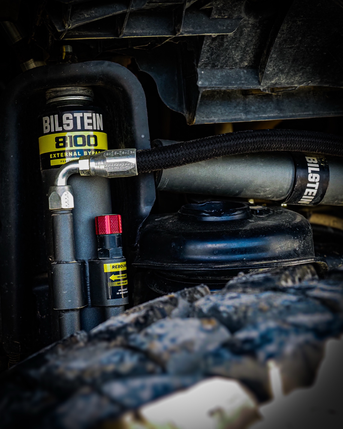 Bilstein 8100 external bypass shock pre-race, freshly installed